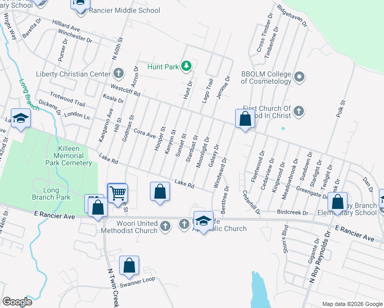 map of restaurants, bars, coffee shops, grocery stores, and more near 1810 Stardust Street in Killeen