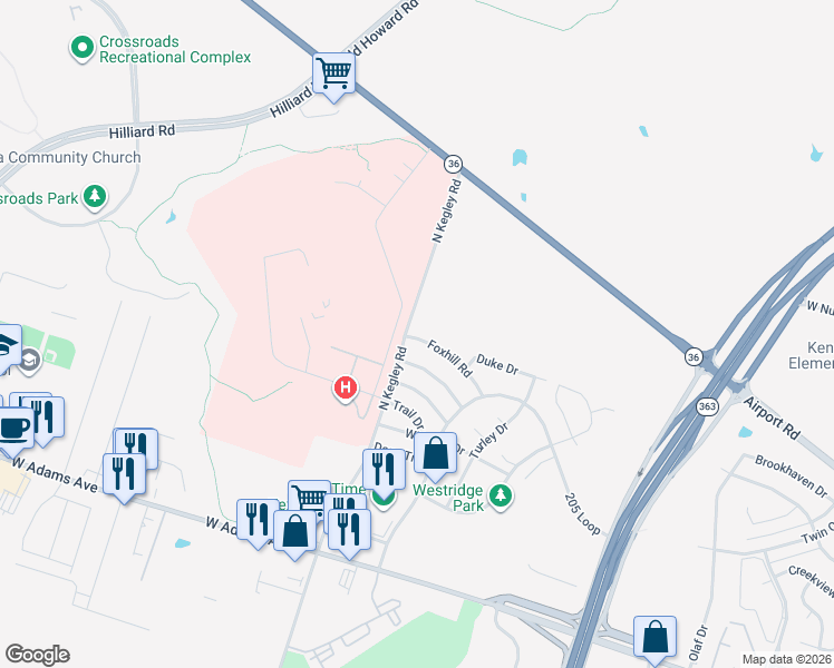 map of restaurants, bars, coffee shops, grocery stores, and more near 5416 Foxhill Road in Temple