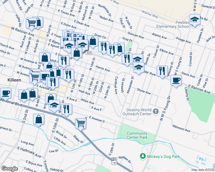 map of restaurants, bars, coffee shops, grocery stores, and more near 610 North 24th Street in Killeen