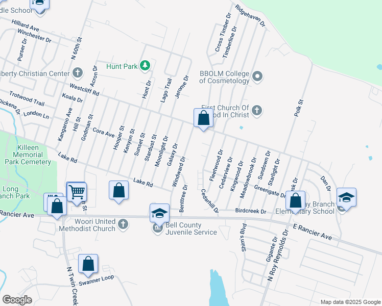 map of restaurants, bars, coffee shops, grocery stores, and more near 1904 Windward Drive in Killeen