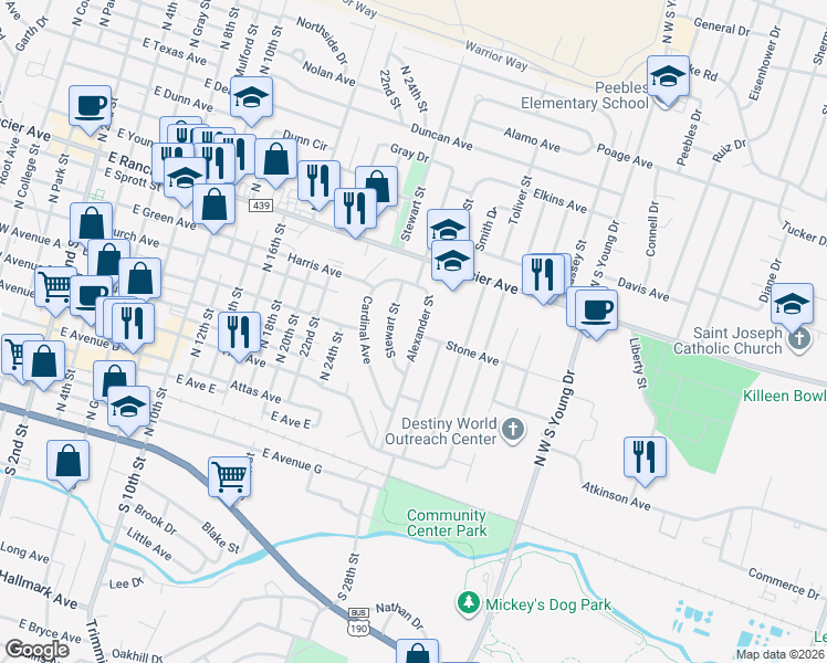 map of restaurants, bars, coffee shops, grocery stores, and more near 701 Alexander Street in Killeen
