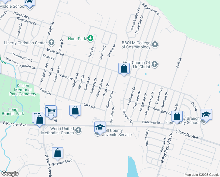 map of restaurants, bars, coffee shops, grocery stores, and more near 1904 Windward Drive in Killeen
