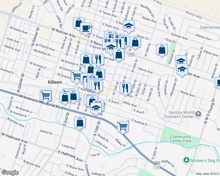 map of restaurants, bars, coffee shops, grocery stores, and more near 414 North 10th Street in Killeen