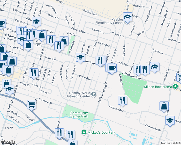 map of restaurants, bars, coffee shops, grocery stores, and more near 708 Crockett Drive in Killeen