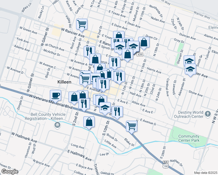 map of restaurants, bars, coffee shops, grocery stores, and more near 319 North 8th Street in Killeen