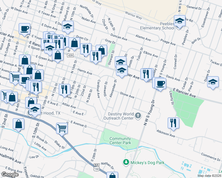 map of restaurants, bars, coffee shops, grocery stores, and more near 701 Alexander Street in Killeen