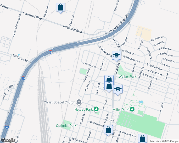 map of restaurants, bars, coffee shops, grocery stores, and more near 2315 Monticello Road in Temple