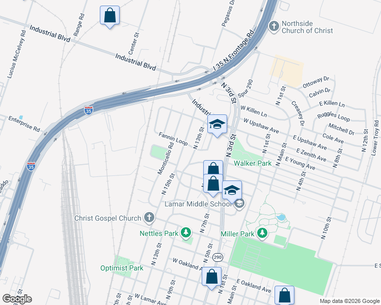 map of restaurants, bars, coffee shops, grocery stores, and more near 2408 N 13th St in Temple
