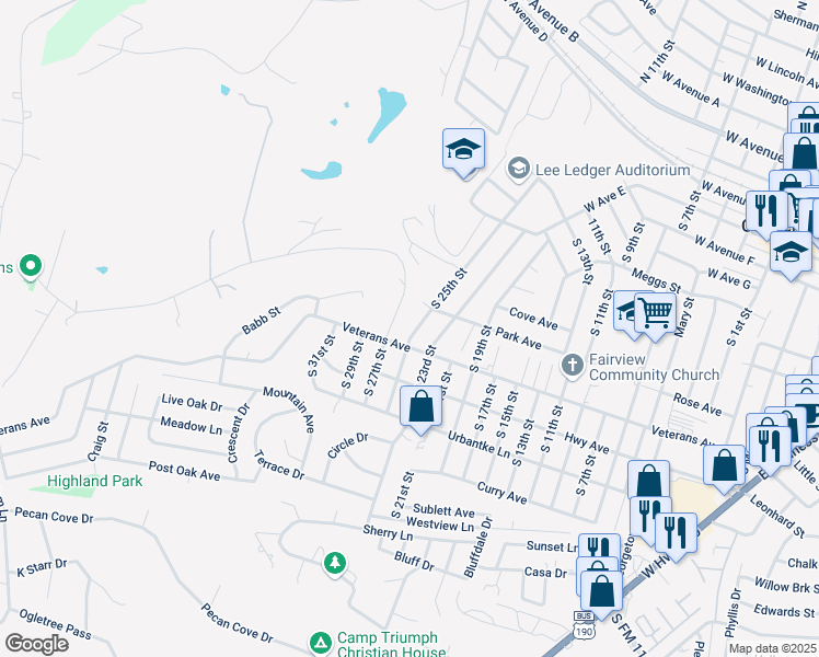 map of restaurants, bars, coffee shops, grocery stores, and more near 910 South 25th Street in Copperas Cove