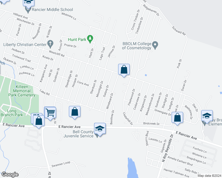 map of restaurants, bars, coffee shops, grocery stores, and more near 1904 Windward Drive in Killeen