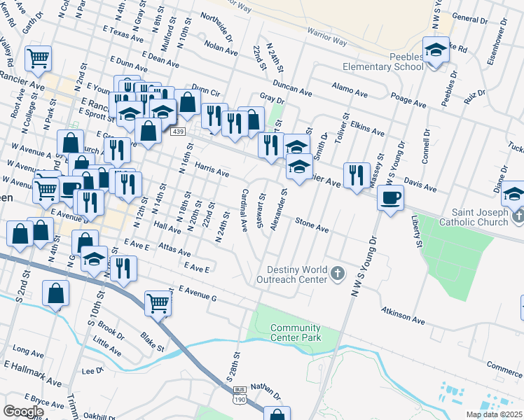 map of restaurants, bars, coffee shops, grocery stores, and more near 609 Stewart Street in Killeen