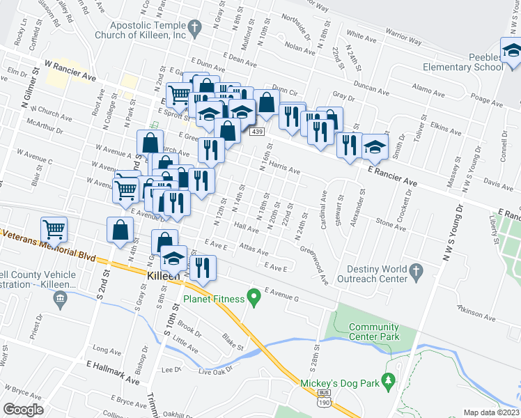 map of restaurants, bars, coffee shops, grocery stores, and more near 419 North 18th Street in Killeen