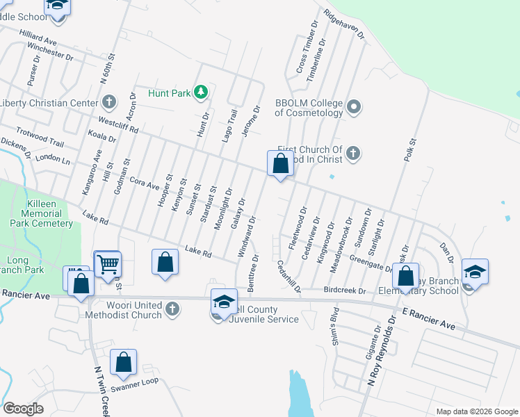map of restaurants, bars, coffee shops, grocery stores, and more near 1904 Windward Drive in Killeen