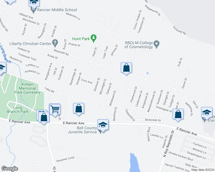 map of restaurants, bars, coffee shops, grocery stores, and more near 1901 Galaxy Drive in Killeen