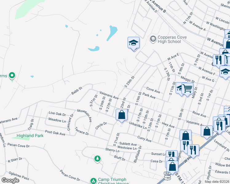 map of restaurants, bars, coffee shops, grocery stores, and more near 910 South 25th Street in Copperas Cove