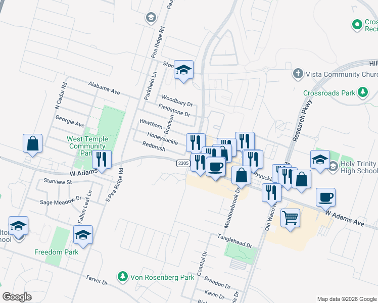 map of restaurants, bars, coffee shops, grocery stores, and more near 115 Foxtail in Temple