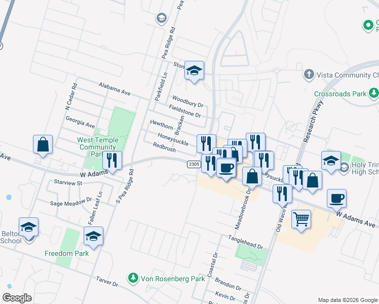 map of restaurants, bars, coffee shops, grocery stores, and more near 7807 Redbrush in Temple
