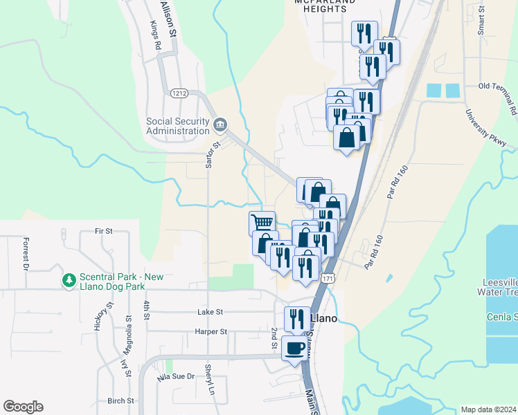 map of restaurants, bars, coffee shops, grocery stores, and more near 1610 Oakwood Street in Leesville