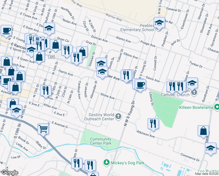 map of restaurants, bars, coffee shops, grocery stores, and more near 708 Crockett Drive in Killeen