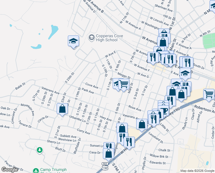 map of restaurants, bars, coffee shops, grocery stores, and more near 709 South 11th Street in Copperas Cove
