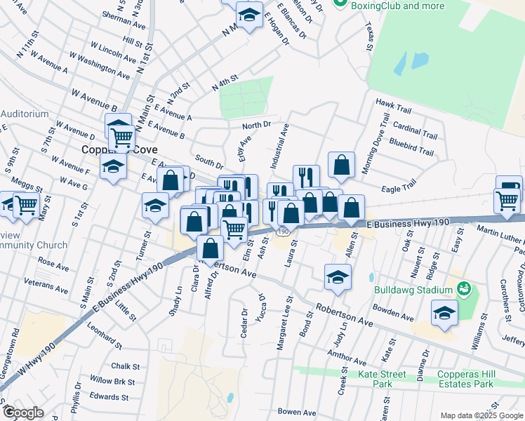 map of restaurants, bars, coffee shops, grocery stores, and more near 802 East Avenue D in Copperas Cove