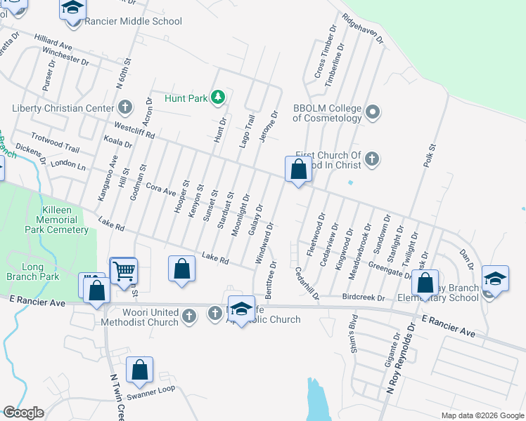 map of restaurants, bars, coffee shops, grocery stores, and more near 1901 Galaxy Drive in Killeen