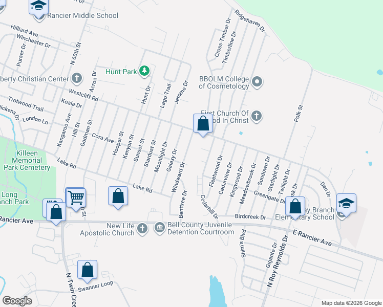 map of restaurants, bars, coffee shops, grocery stores, and more near 1904 Windward Drive in Killeen