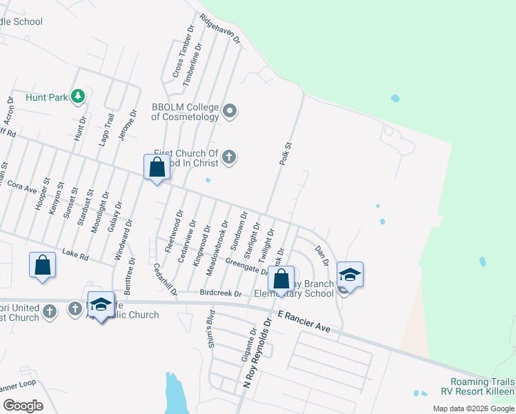 map of restaurants, bars, coffee shops, grocery stores, and more near 2017 Starlight Drive in Killeen