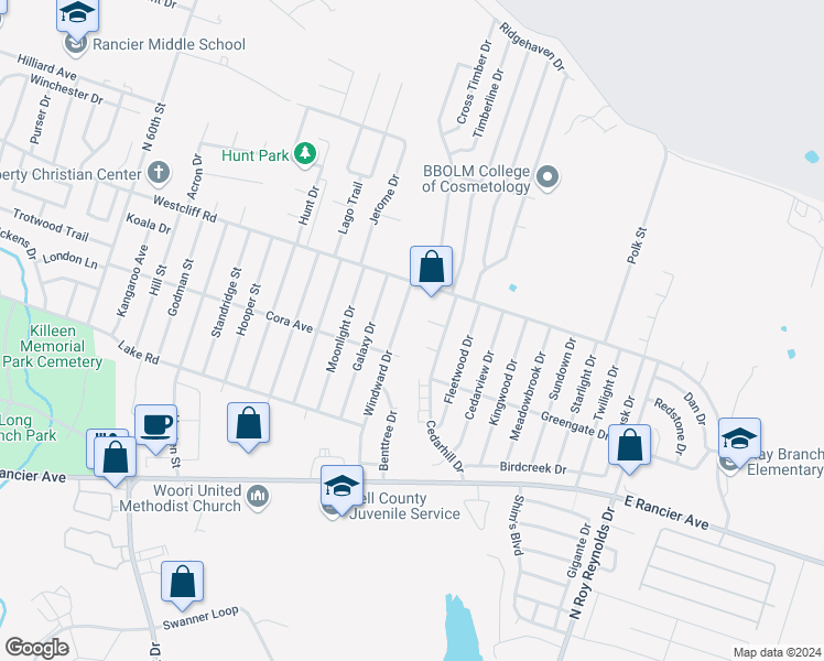 map of restaurants, bars, coffee shops, grocery stores, and more near 1904 Windward Drive in Killeen