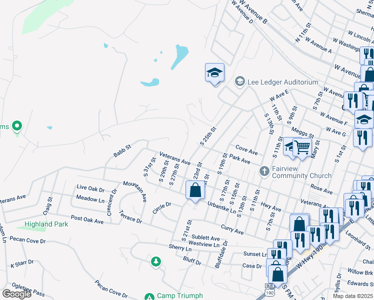 map of restaurants, bars, coffee shops, grocery stores, and more near 910 South 25th Street in Copperas Cove
