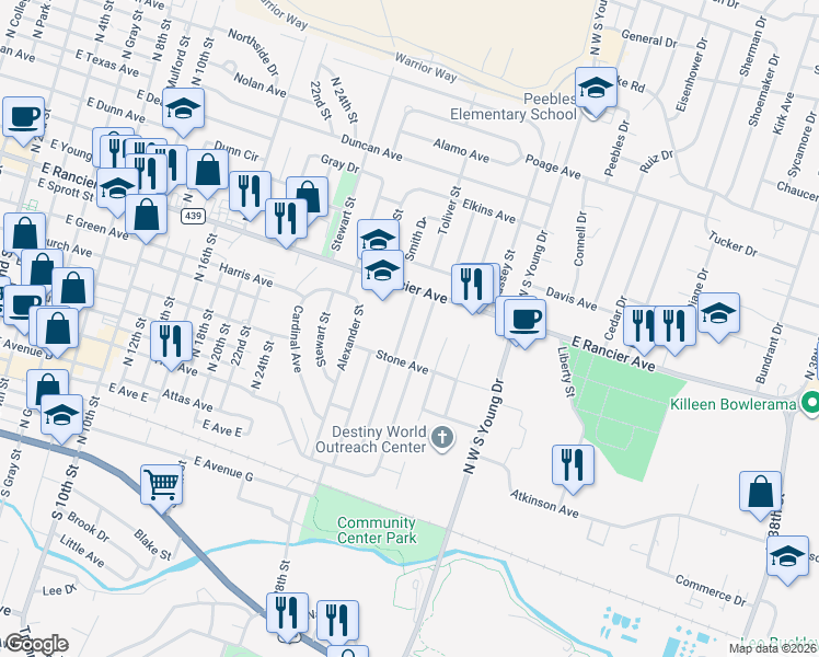 map of restaurants, bars, coffee shops, grocery stores, and more near 708 Crockett Drive in Killeen