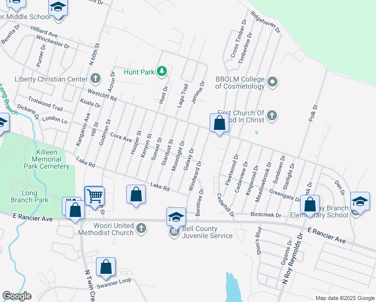 map of restaurants, bars, coffee shops, grocery stores, and more near 1901 Galaxy Drive in Killeen