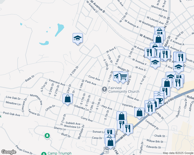 map of restaurants, bars, coffee shops, grocery stores, and more near 803 Cove Avenue in Copperas Cove