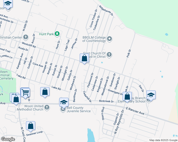 map of restaurants, bars, coffee shops, grocery stores, and more near 2001 Cedarhill Drive in Killeen