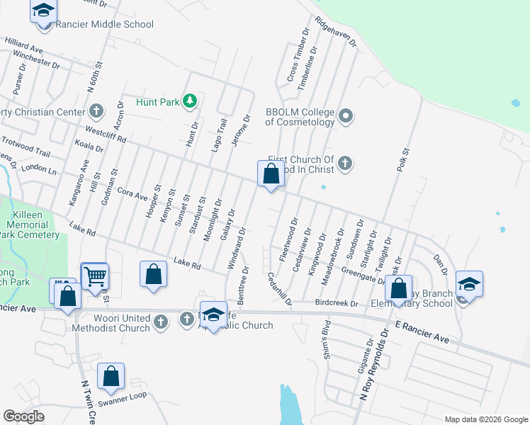map of restaurants, bars, coffee shops, grocery stores, and more near 2001 Cedarhill Drive in Killeen