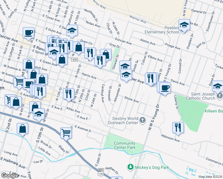 map of restaurants, bars, coffee shops, grocery stores, and more near 701 Alexander Street in Killeen