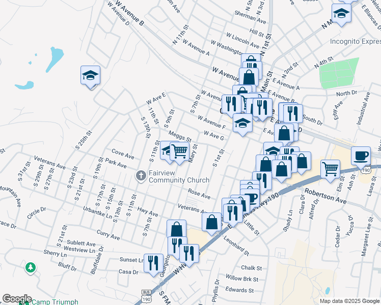 map of restaurants, bars, coffee shops, grocery stores, and more near 606 Mary Street in Copperas Cove