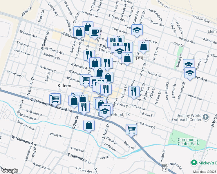 map of restaurants, bars, coffee shops, grocery stores, and more near 319 North 8th Street in Killeen