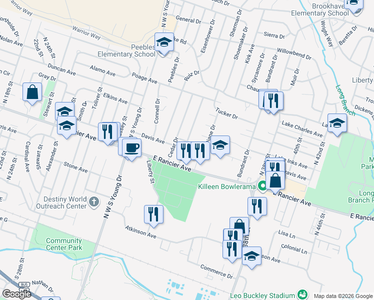 map of restaurants, bars, coffee shops, grocery stores, and more near 1001 Medical Drive in Killeen