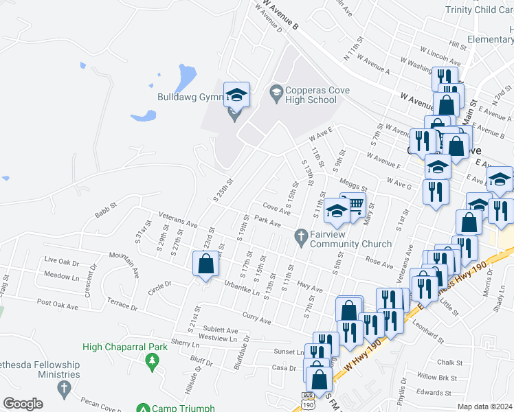 map of restaurants, bars, coffee shops, grocery stores, and more near 1003 Cove Avenue in Copperas Cove