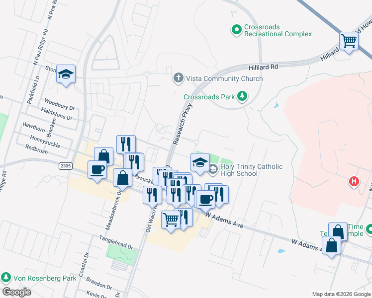 map of restaurants, bars, coffee shops, grocery stores, and more near 419 Hilliard Road in Temple