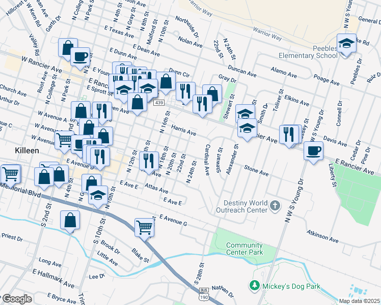 map of restaurants, bars, coffee shops, grocery stores, and more near 610 North 24th Street in Killeen