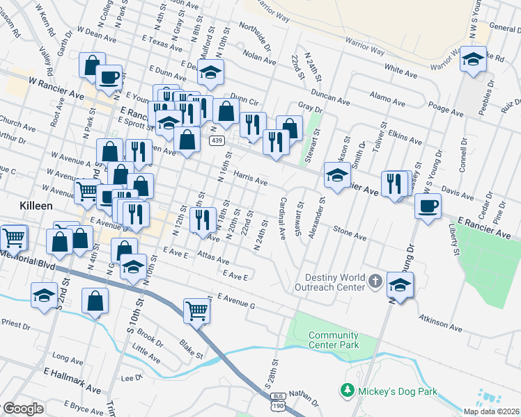 map of restaurants, bars, coffee shops, grocery stores, and more near 1105 Parmer Avenue in Killeen