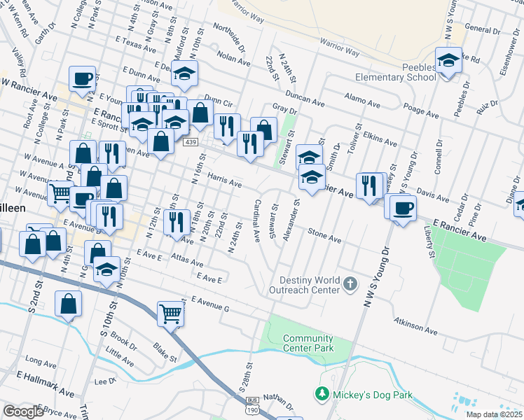 map of restaurants, bars, coffee shops, grocery stores, and more near 609 Stewart Street in Killeen
