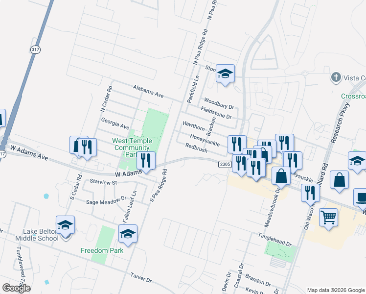 map of restaurants, bars, coffee shops, grocery stores, and more near 8151 West Adams Avenue in Temple