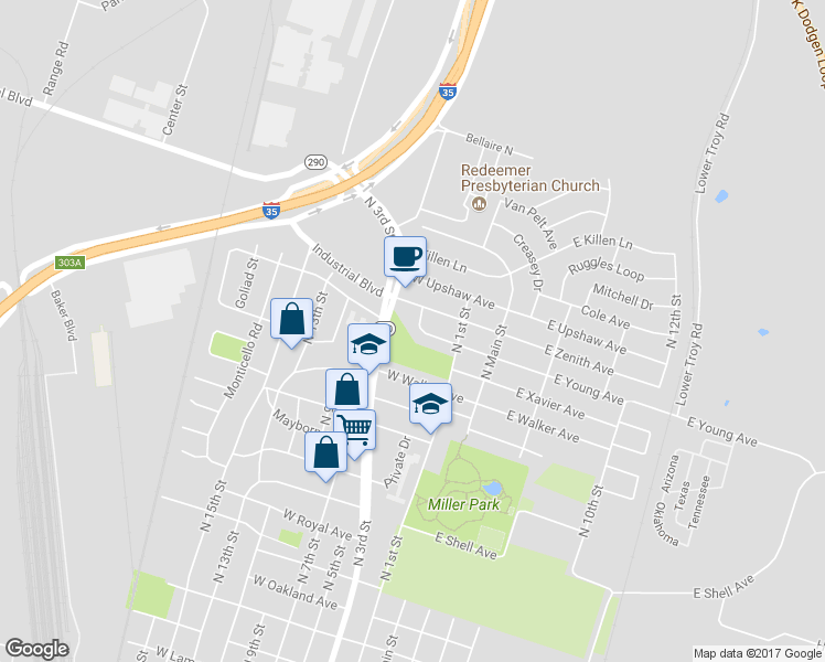 map of restaurants, bars, coffee shops, grocery stores, and more near 213 West Young Avenue in Temple