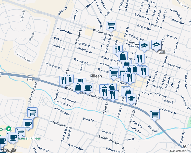 map of restaurants, bars, coffee shops, grocery stores, and more near in Killeen