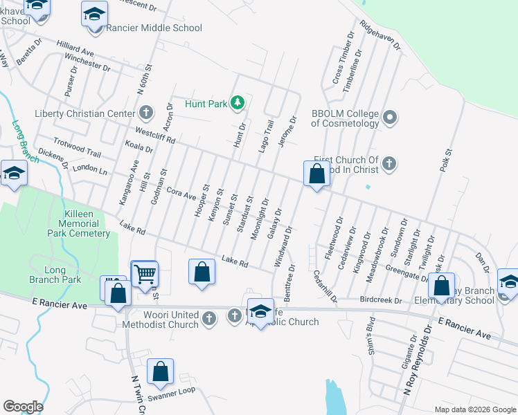 map of restaurants, bars, coffee shops, grocery stores, and more near 1901 Galaxy Drive in Killeen