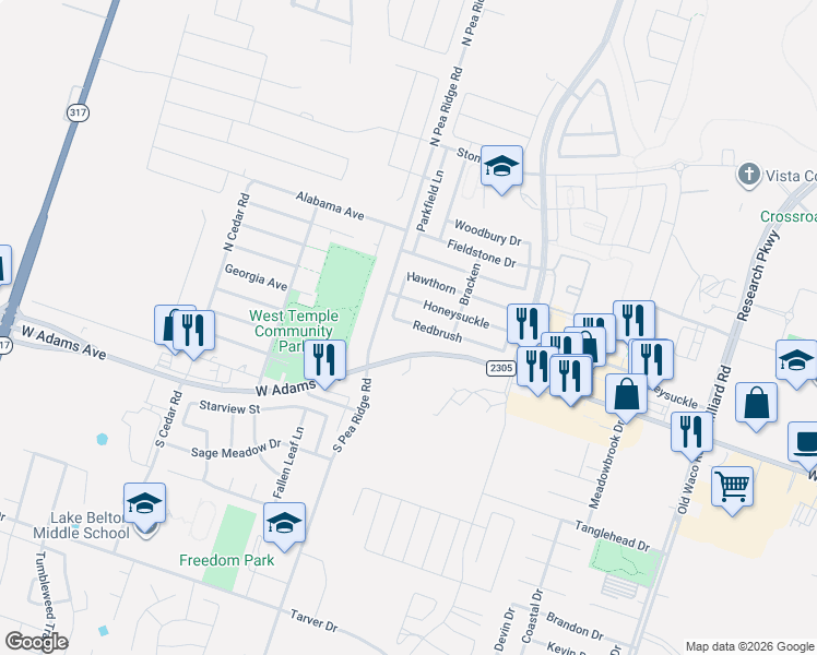 map of restaurants, bars, coffee shops, grocery stores, and more near 8151 West Adams Avenue in Temple