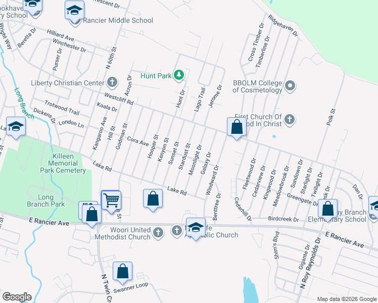 map of restaurants, bars, coffee shops, grocery stores, and more near 1810 Stardust Street in Killeen